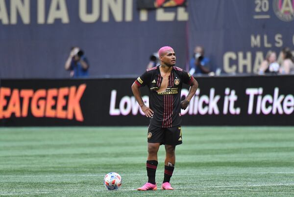 Atlanta United striker Josef Martinez (7) stands - with his ripped jersey - at midfield at end of 2-0 loss to Nashville Saturday, Aug. 28, 2021, at Mercedes-Benz Stadium in Atlanta. (Hyosub Shin / Hyosub.Shin@ajc.com)