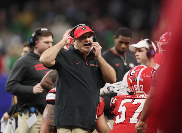 Georgia head coach Kirby Smart during timeout at the Sugar Bowl at the Caesars Superdome Thursday, Jan. 2, 2025, in New Orleans. (Jason Getz / AJC)
