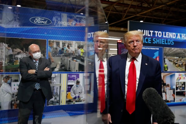 President Donald Trump speaks as he tours Ford’s Rawsonville Components Plant in Michigan that has been converted to making personal protection and medical equipment.