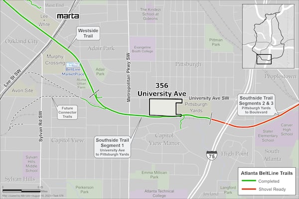 This is a map of the Atlanta Beltline Southside Trail, where the Beltline purchased 13.7 acres next to Pittsburgh Yards.