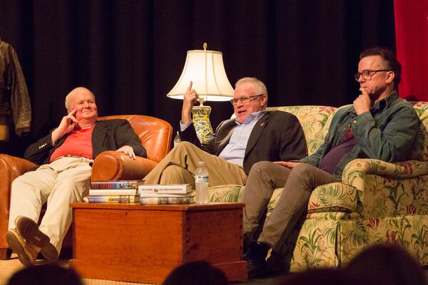 In October, 2015, just a few months before Conroy’s death, his friends, neighbors and colleagues in Beaufort organized a 70th birthday party for him. Attending were fans from all over, including here (from the right), Michael O’Keefe, who played the young protagonist in the movie version of “The Great Santini,” and David Keith, whose character was a racist scoundrel in the same film. Pat Conroy is on the left. Photo: Susan DeLoach.