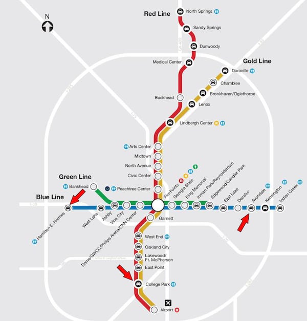 Since November there have been four homicide cases worked by MARTA police, including two at the H.E. Holmes station and one each at Avondale and College Park. One of the victims at H.E. Holmes reportedly was killed elsewhere and left in a trunk there. Arrows added to indicate the locations of the cases.