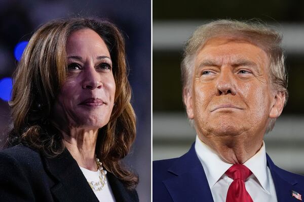 This combination of file photos shows Democratic presidential nominee Vice President Kamala Harris, left, speaking at a campaign rally in Charlotte, N.C., on Sept. 12, 2024, 2024, and Republican presidential nominee former President Donald Trump speaking a campaign rally.