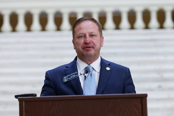 Sen. Chuck Hufstetler (R-52) speaks during a press conference about a new elder protection bill that will target senior citizen financial exploitation at the Georgia State Capitol on Monday, February 6, 2023. He's said Marietta's efforts to work with children on reading is "the best model I’ve seen of everything that was presented to us.” (Natrice Miller/natrice.miller@ajc.com) 