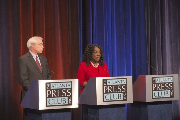 Georgia Democratic candidates for Secretary of State John Barrow, left, and Dee Dawkins-Haigler, right, participate in a debate during a taping of the Atlanta Press Club at the Georgia Public Broadcasting studio in Atlanta, Thursday, May 3, 2018.  ALYSSA POINTER/ALYSSA.POINTER@AJC.COM