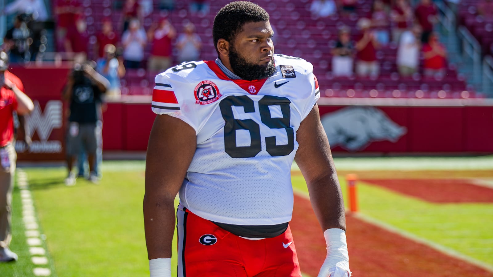 Georgia offensive guard Jamaree Salyer prepares as the Bulldogs open season 
Saturday, Sept. 26, 2020, against Arkansas in Fayetteville. (Arkansas Athletics)