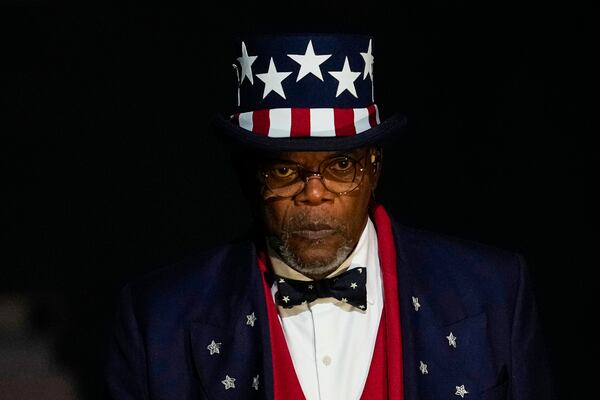 Samuel L. Jackson watches during halftime of the NFL Super Bowl 59 football game between the Kansas City Chiefs and the Philadelphia Eagles, Sunday, Feb. 9, 2025, in New Orleans. (AP Photo/Ashley Landis)