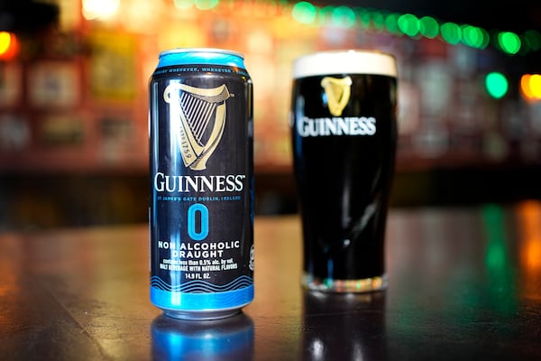 A can of non-alcohol Guinness 0 sits on the bar at The Burren, Wednesday, March 12, 2025, in Somerville, Mass. (AP Photo/Robert F. Bukaty)