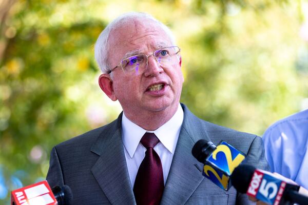 John Eastman, an attorney indicted with former President Donald Trump, makes a statement to press outside the Fulton County Jail in Atlanta, where he was booked on Tuesday, Aug. 22, 2023. (Arvin Temkar/Atlanta Journal-Constitution/TNS)