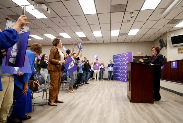 Supporters cheer as Sen. Jacky Rosen, D-Nev., arrives to give a victory speech at the Teamsters Local 631 meeting hall Saturday, Nov. 9, 2024, in Las Vegas. (Steve Marcus/Las Vegas Sun via AP)