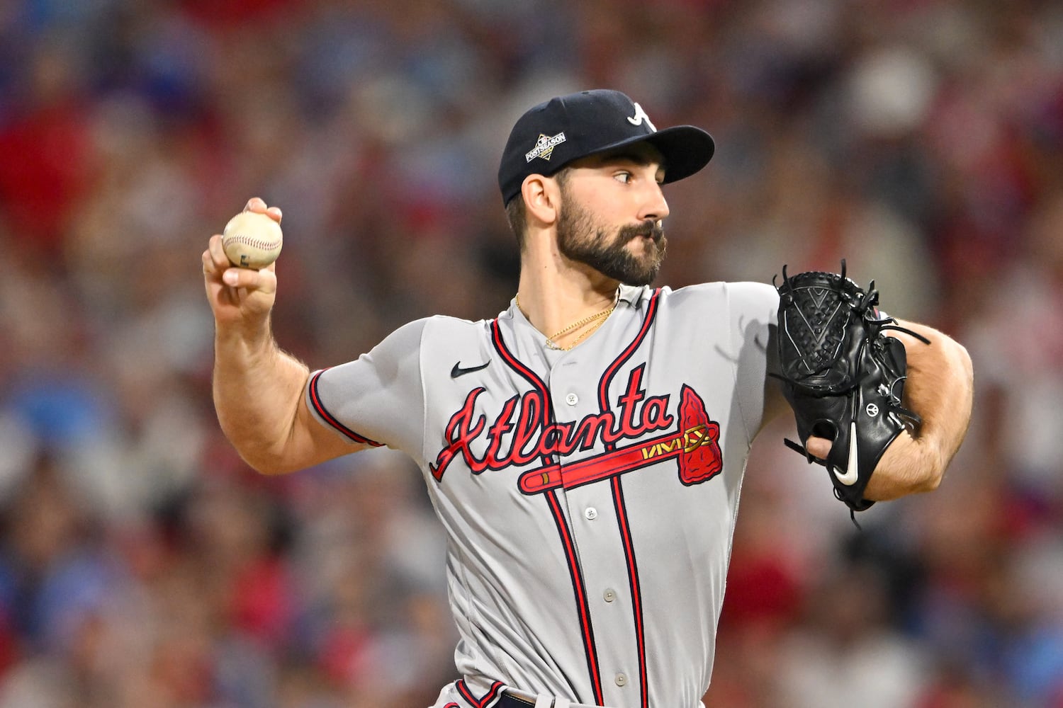 Atlanta Braves starting pitcher Spencer Strider (99) delivers to the Philadelphia Phillies during the first inning of NLDS Game 4 at Citizens Bank Park in Philadelphia on Thursday, Oct. 12, 2023.   (Hyosub Shin / Hyosub.Shin@ajc.com)