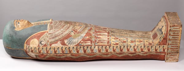 Coffin Lid of Taosiris. Egyptian. Early Ptolemaic Period, reign of Ptolemy II, 282-246 BCE. Wood, gesso, paint. Gift of the Georges Ricard Foundation. 2018.10.824A.⁠ © Bruce M. White, 2022.