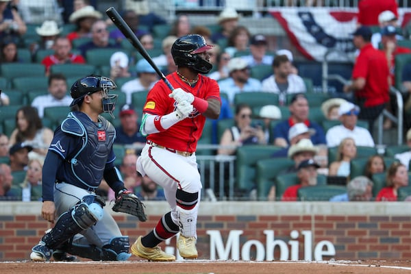 Atlanta Braves center fielder Michael Harris II (23) hits a single during the first inning against the Tampa Bay Rays at Truist Park, Friday, June 14, 2024, in Atlanta. Harris got injured during the first inning shortly after this hit. The Braves won 7-3. (Jason Getz / AJC)
