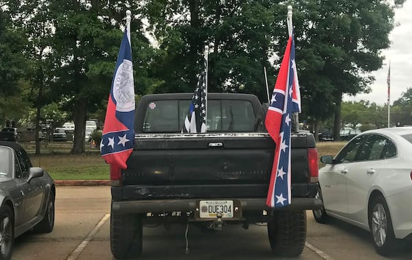 Pickup truck parked outside the Henry County Commission meeting Tuesday morning. (Rosalind Bentley / rbentley@ajc.com)