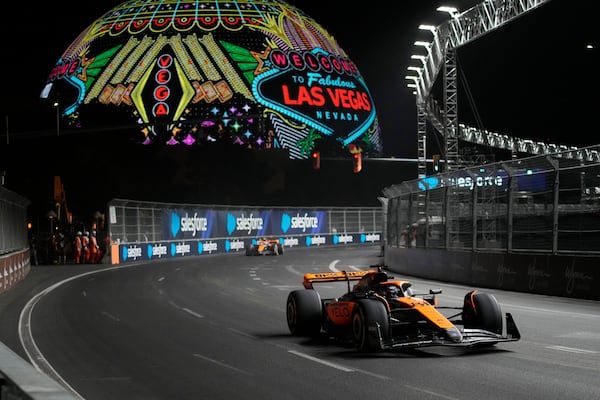 FILE - McLaren driver Oscar Piastri, of Australia, drives during the final practice session for the Formula One Las Vegas Grand Prix auto race, Friday, Nov. 17, 2023, in Las Vegas. (AP Photo/John Locher, File)