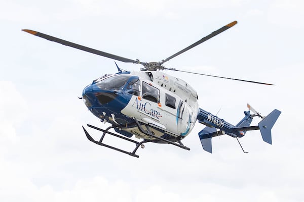 An AirCare helicopter flies in 2021. (Melanie Thortis/University of Mississippi Medical Center via AP)