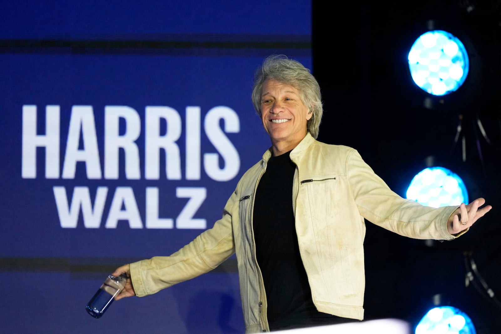 Jon Bon Jovi arrives to perform during a campaign rally for Democratic vice presidential nominee Minnesota Gov. Tim Walz, Monday, Nov. 4, 2024, in Detroit. (AP Photo/Charlie Neibergall)