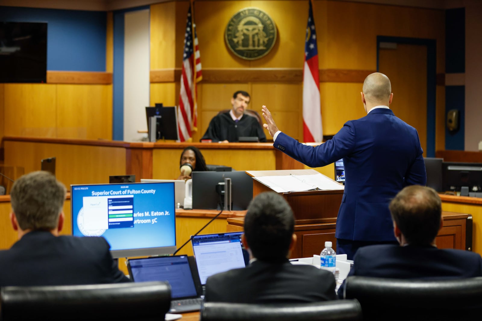 An attorney representing the State Election Board, Robert Thomas, speaks with Fulton County Superior Court Judge Robert McBurney during a Tuesday, October 15, 2024, hearing. Cobb County’s election board sued the State Election Board over the rules, arguing that they’re unreasonable and exceed the board’s authority.
(Miguel Martinez / AJC)