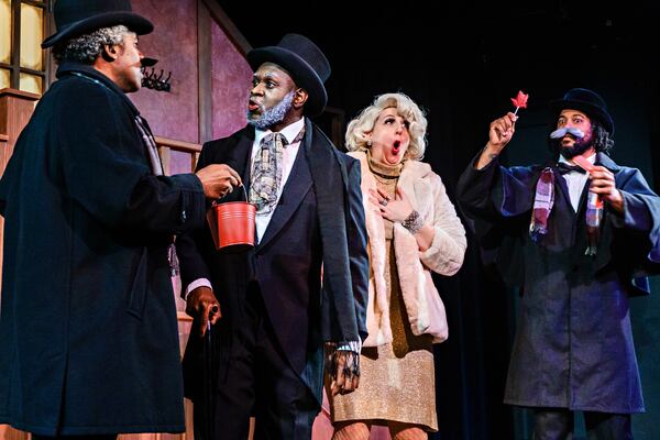 Swift Rice (from left), Avery Sharpe, Eve Krueger and Will Hayes in 2023's "Invasion: Christmas Carol" at Dad's Garage. Courtesy of Chelsea Patricia