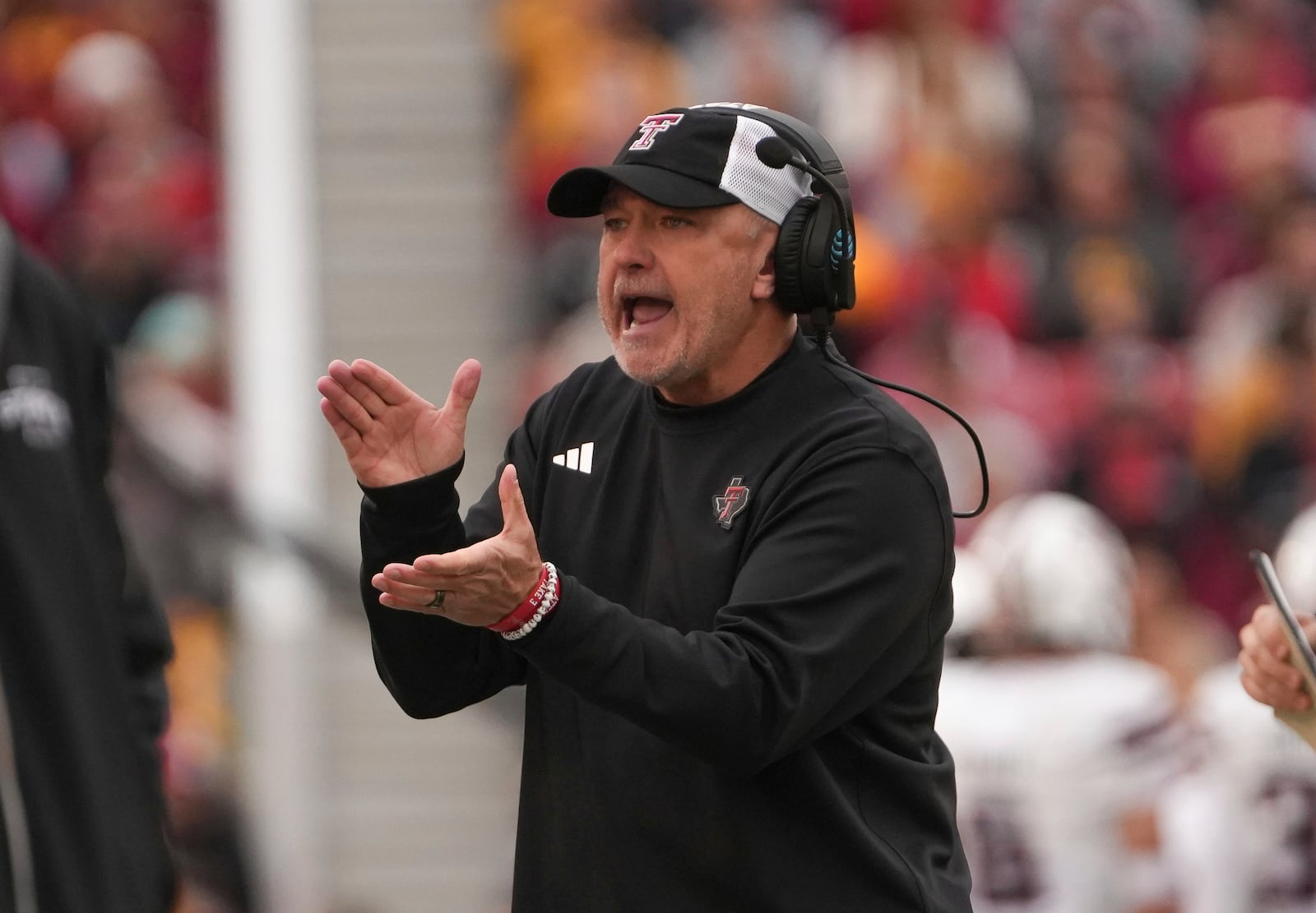 Texas Tech head football coach Joey McGuire fires his team up before heading onto the field against Iowa State during the first half of an NCAA college football game, Saturday, Nov. 2, 2024, in Ames, Iowa. (AP Photo/Bryon Houlgrave)