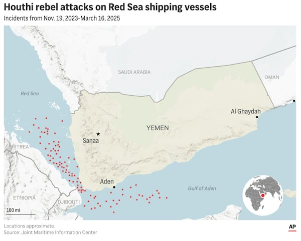 Where Houthi rebels operating out of Yemen have attacked shipping in the Red Sea and the Gulf of Aden. (AP Digital Embed)