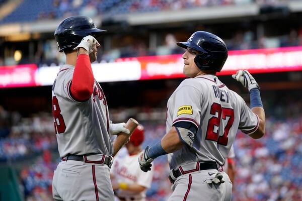 Atlanta Braves' Austin Riley, right, and Matt Olson celebrate after Riley's two-run home run during the first inning of a baseball game against the Philadelphia Phillies, Wednesday, Sept. 13, 2023, in Philadelphia. (AP Photo/Matt Slocum)