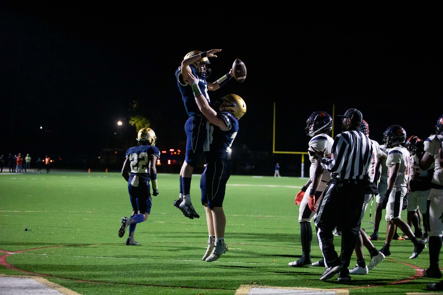 St. Pius players celebrate a touchdown during a GHSA High School football game between St. Pius and Mundy’s Mill at St. Pius Catholic School in Atlanta, GA, on Friday, November 11, 2022.(Photo/Jenn Finch)