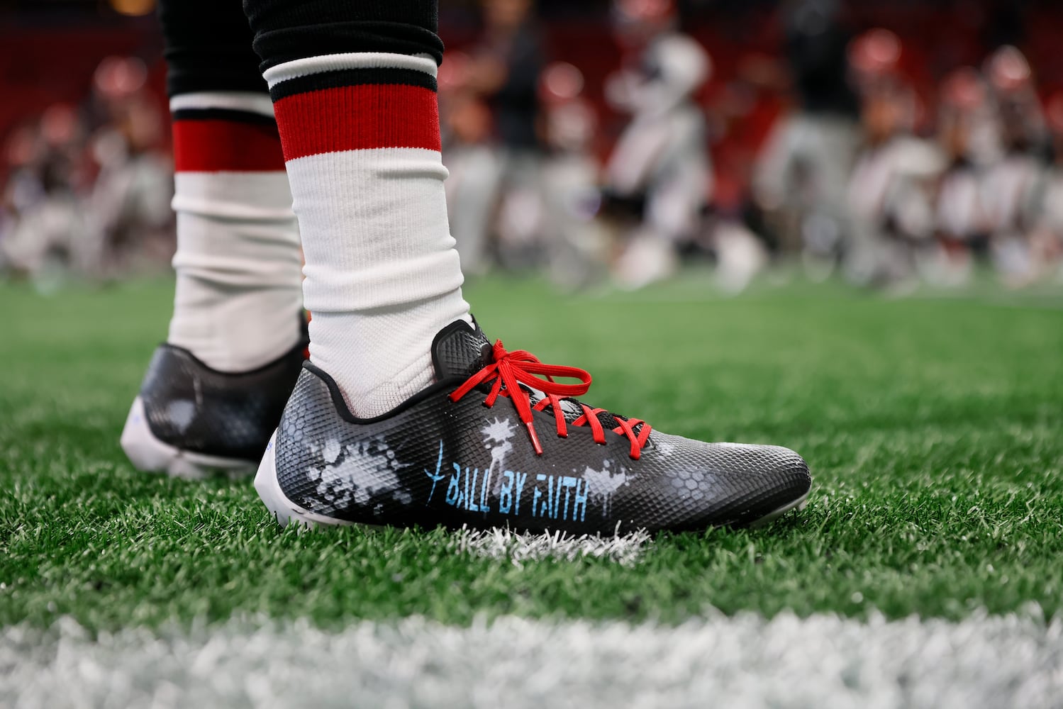 Falcons cornerback Darren Hall wears specially designed shoes for "My Cause My Cleats" on Sunday at Mercedes-Benz Stadium. (Miguel Martinez / miguel.martinezjimenez@ajc.com)