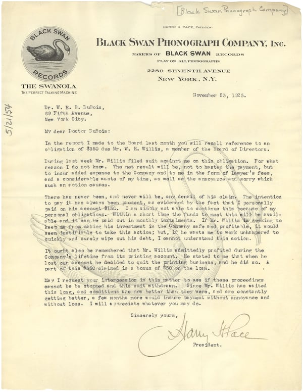  Letter from Black Swan Phonograph Company to W.E.B. Du Bois from Nov. 23, 1925. W. E. B. Du Bois Papers (MS 312). Courtesy of Special Collections and University Archives, University of Massachusetts Amherst Libraries