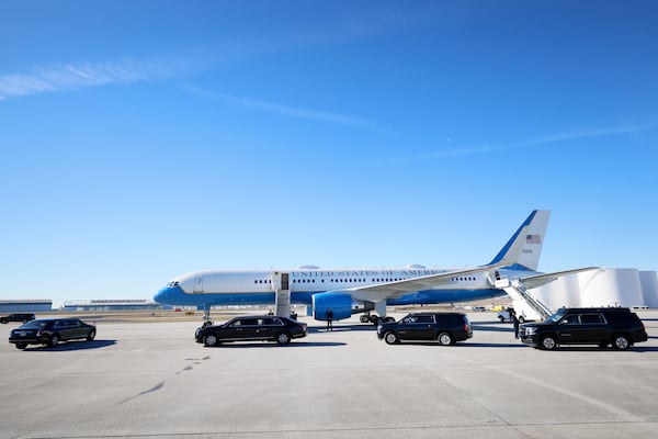 President Joe Biden departs the Atlanta Hartsfield-Jackson Int. Airport with the motorcade towards the Ebenezer Baptist Church, he will be the first seated president to deliver remarks on a Sunday regular service. Sunday, January 15, 2022.  Miguel Martinez / miguel.martinezjimenez@ajc.com