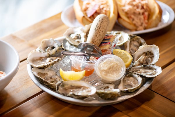 Hippin Hops Brewery's freshly shucked oysters on a half-shell served with lemon, cocktail sauce, horseradish, and Hippin Hops' Mignonette Sauce. (Mia Yakel for The Atlanta Journal-Constitution)