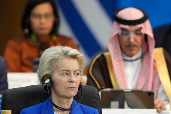 European Commission President Ursula von der Leyen attends the G20 Summit leaders meeting in Rio de Janeiro, Monday, Nov. 18, 2024. (AP Photo/Eraldo Peres)