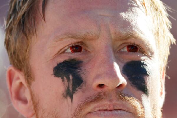 Atlanta Falcons Defensive End Kory Biermann (71) sports a pair of blood shot red contact lenses during the game against the Tampa Bay Buccaneers at the Raymond James Stadium in Tampa, Florida on November 25, 2012. The Falcons defeated the Buccaneers 24-23.. (AP Photo/Don Juan Moore) Atlanta Falcons Defensive End Kroy Biermann (71) sports a pair of blood shot red contact lenses during the game against the Tampa Bay Buccaneers at the Raymond James Stadium in Tampa, Florida on November 25, 2012. The Falcons defeated the Buccaneers 24-23.. (AP Photo/Don Juan Moore)