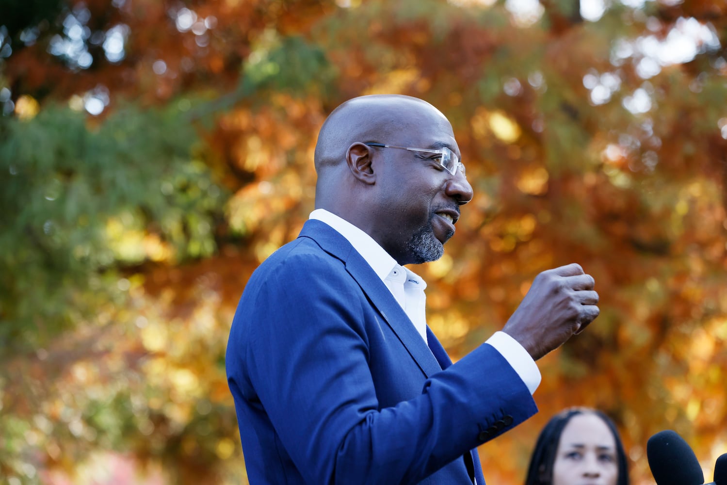 U.S. Senate Raphael Warnock answers questions to press members in a press conference after he cast his ballot during the first day of early voting of the general elections on Monday, October 17, 2022. U.S. Sen Warnock was questioned about the absence of his rival Herschel Walker during the last night's debate. Miguel Martinez / miguel.martinezjimenez@ajc.com