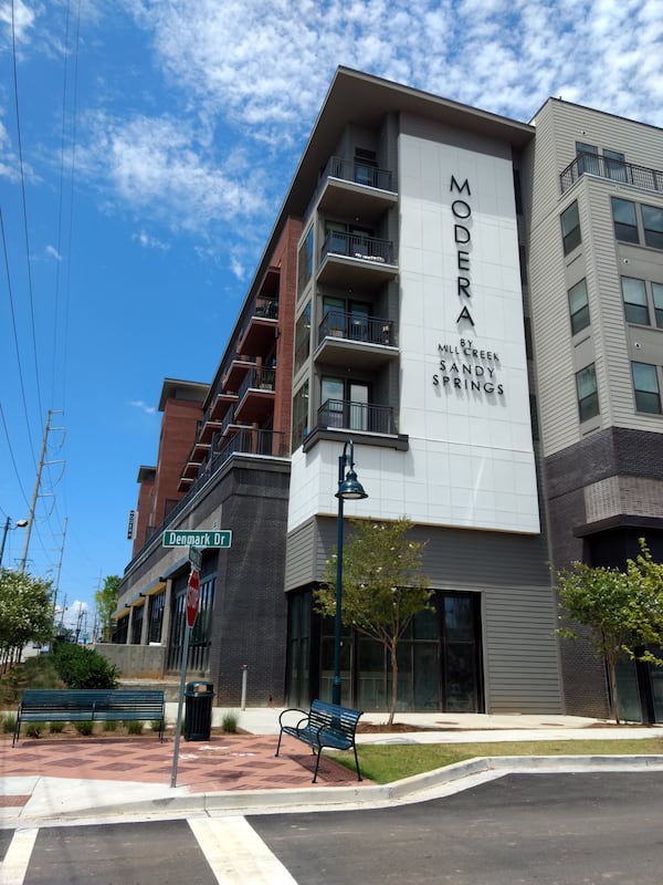 Denmark Drive intersects with Roswell Road just south of Modera, a  new apartment development. Across the street is a Moe’s restaurant. (Brian O'Shea / bposhea@ajc.com)