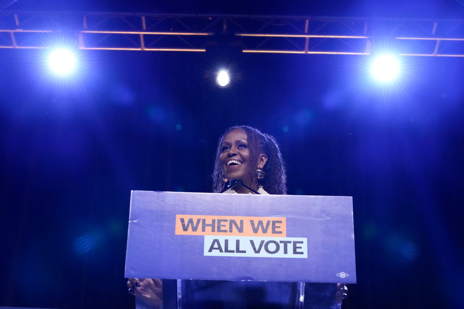 Former first lady Michelle Obama speaks at a When We All Vote rally, Tuesday, Oct. 29, 2024, in College Park, Ga. (AP Photo/Brynn Anderson)