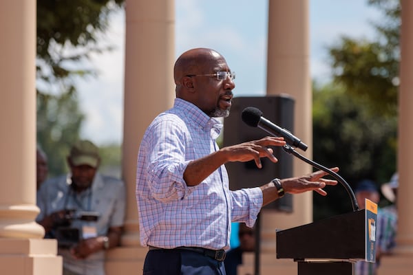 U.S. Sen. Raphael Warnock speaks during a campaign stop in Newnan on Tuesday, August 30, 2022. (Arvin Temkar / arvin.temkar@ajc.com)