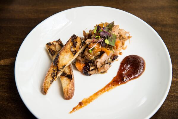 Korean pulled duck confit with crostinis. Photo Credit- Mia Yakel. Styling Credit- Chef Tara Mayfield.