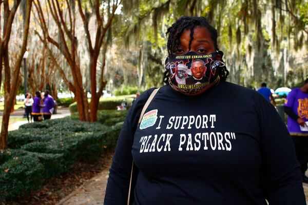 Thea Brooks, the aunt of Ahmaud Arbery, wears a T-shirt supporting Black pastors following inflammatory comments from attorney Kevin Gough, on Nov. 18, 2021. (Asia Simone Burns/Atlanta Journal-Constitution/TNS)