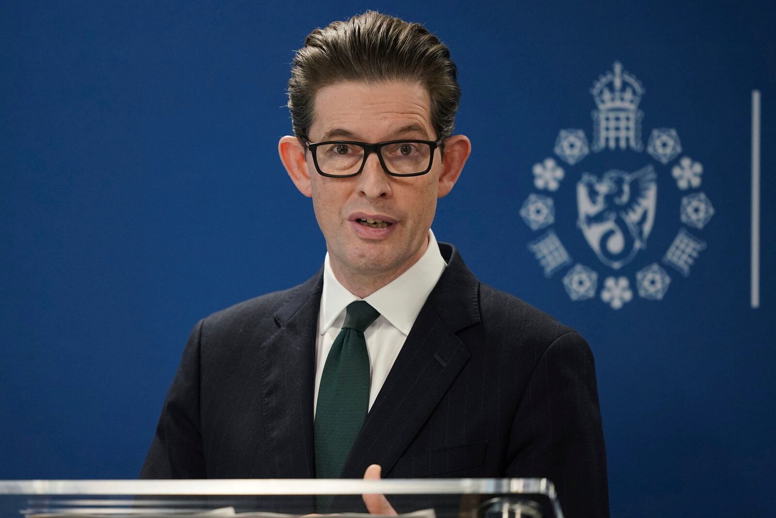 Ken McCallum, Director General of MI5, delivers the annual Director General's speech at Counter Terrorism Operations Centre in west London, Tuesday Oct. 8, 2024. (Yui Mok/PA via AP)