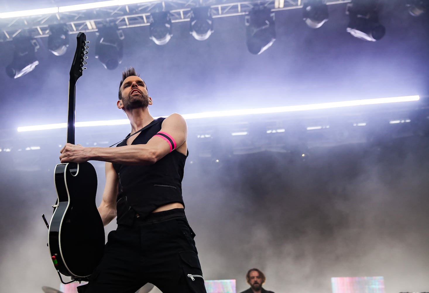 Placebo makes a rare appearance on the Ponce De Leon stage on the first day of the Shaky Knees Music Festival at Atlanta's Central Park on Friday, May 5, 2023. (RYAN FLEISHER FOR THE ATLANTA JOURNAL-CONSTITUTION)