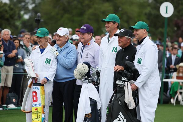 Honroary Starters Jack Nicklaus, Tom Watson and Gary Player at the 2024 Masters Tournament at Augusta National Golf Club, Thursday, April 11, 2024, in Augusta, Ga. Jason Getz / Jason.Getz@ajc.com)
