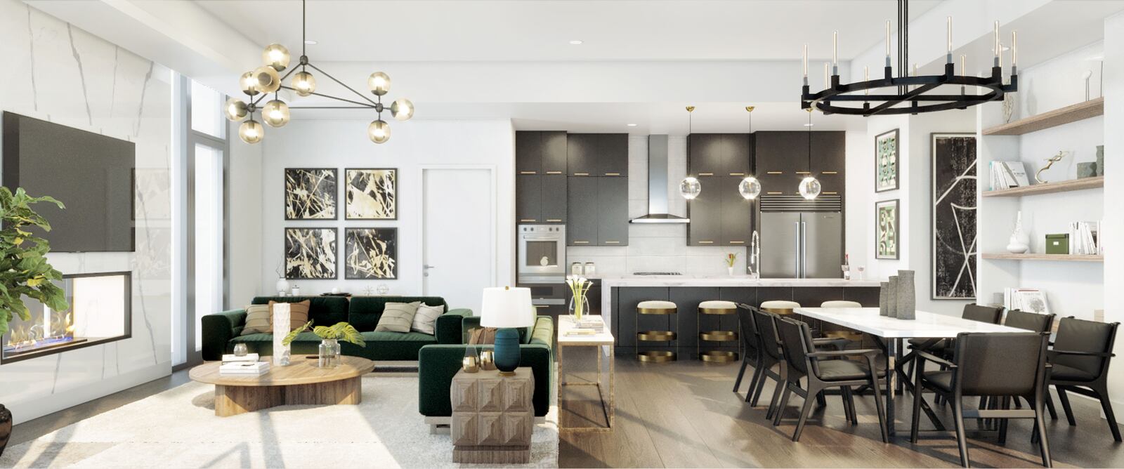 A rendering of the kitchen and living areas in 40 West 12th.