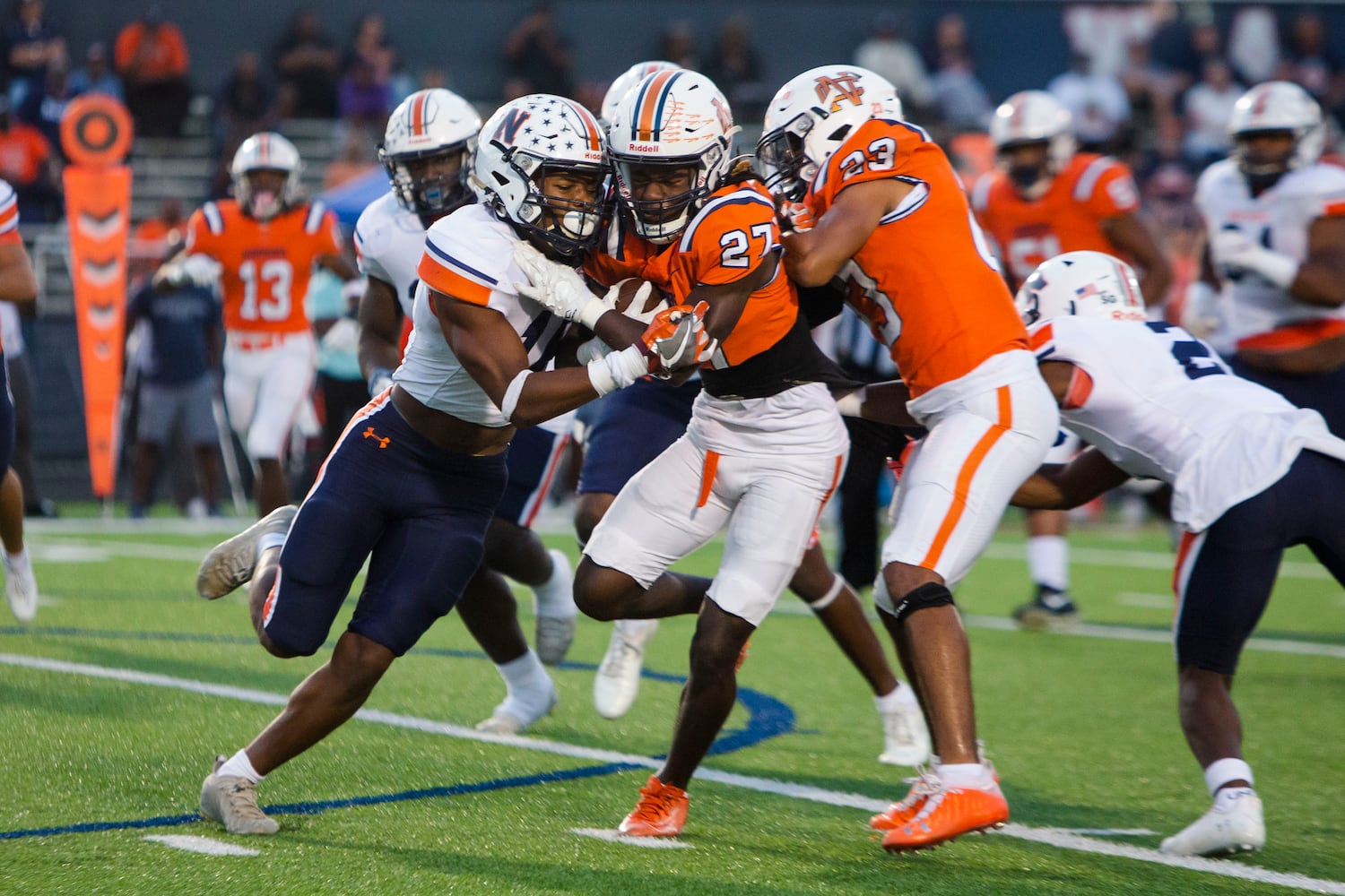 Yasin Muhammad, wide receiver for North Cobb, runs the ball during the North Cobb vs. Northview high school football game on Friday, September 16, 2022, in Kennesaw, Georgia. North Cobb led Northview 14-7 at the half. CHRISTINA MATACOTTA FOR THE ATLANTA JOURNAL-CONSTITUTION.