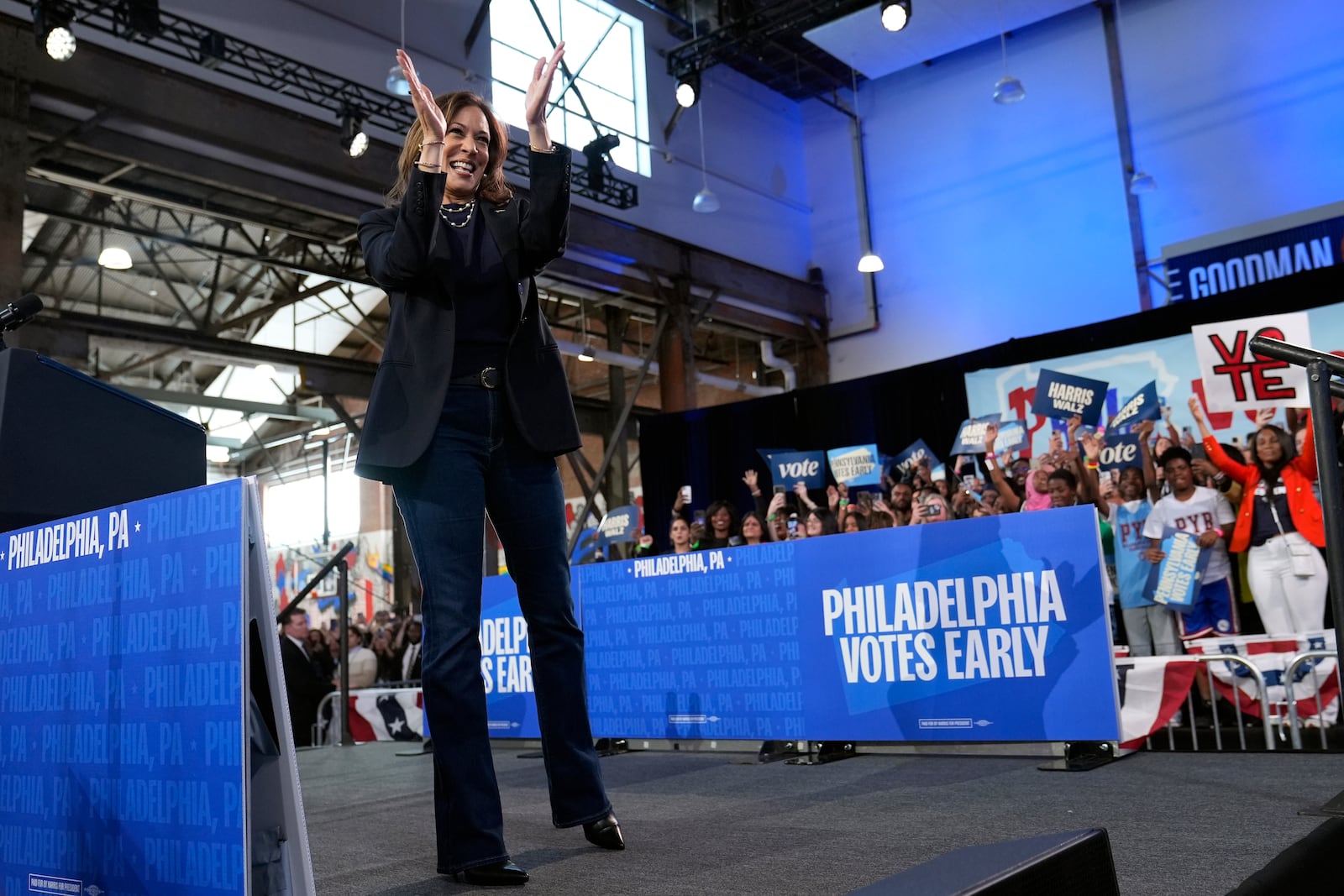 Democratic presidential nominee Vice President Kamala Harris departs after speaking during a community rally at the Alan Horwitz "Sixth Man" Center, Sunday, Oct. 27, 2024, in Philadelphia. (AP Photo/Susan Walsh)