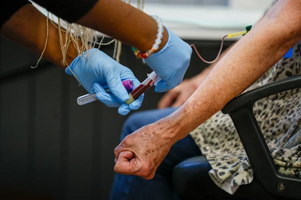 Phlebotomist Chantae Knowles conducted a blood screening for Rome resident Delores Brewer as part of a study led by researchers from Emory University’s Rollins School of Public Health. The study aims to investigate the presence of ‘forever chemicals’.
(Miguel Martinez/ AJC)