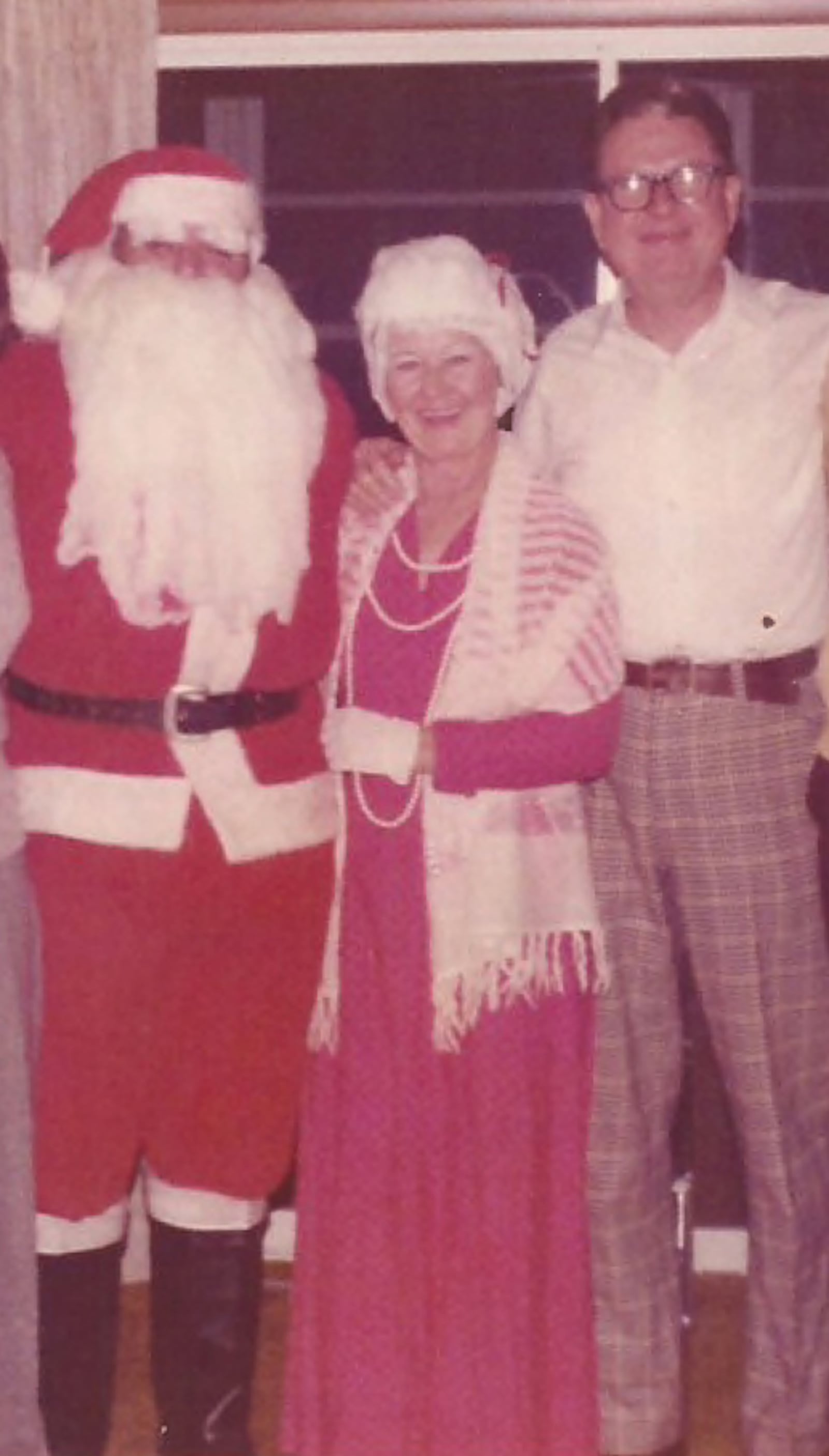 Author's father and Soperton native, Adolph Phillips, (right) Lou and Edith Frye as Santa & Mrs. at the Dessert Porch, Christmas 1977.
Courtesy of Clorisa Phillips