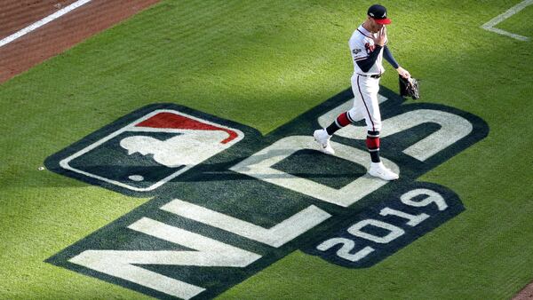 Braves starting pitcher Mike Foltynewicz exits Game 5 of the NLDS against the St. Louis Cardinals Wednesday, Oct. 9, 2019, at SunTrust Park in Atlanta.