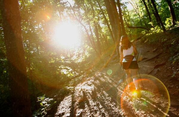 Pam Barrott, 52, an avid hiker from Marietta, makes her way up the trail at Kennesaw Mountain.