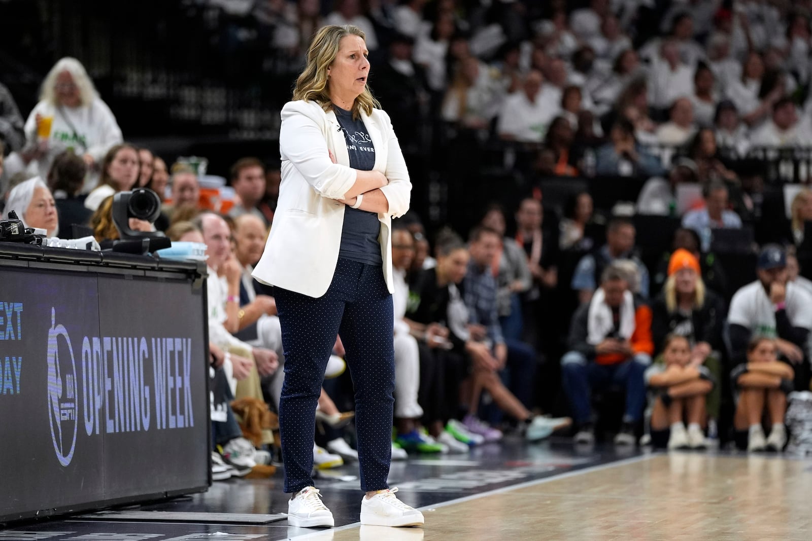 Minnesota Lynx head coach Cheryl Reeve watches from the bench during the second half against the New York Liberty in Game 3 of a WNBA basketball final playoff series, Wednesday, Oct. 16, 2024, in Minneapolis. (AP Photo/Abbie Parr)